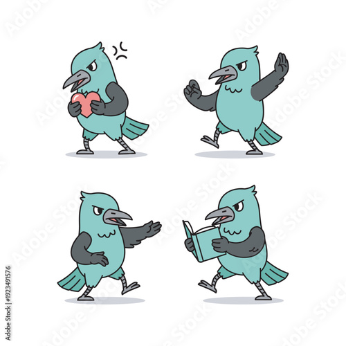 Cartoon blue bird character in various poses with emotions on white background
