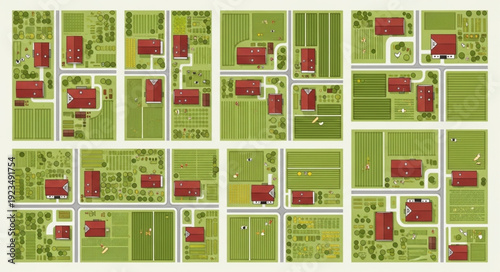 Aerial view of a rural landscape with buildings and cultivated fields, a detailed map.