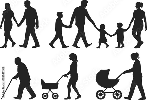 Silhouettes of families walking holding hands and individuals with strollers and cane family people