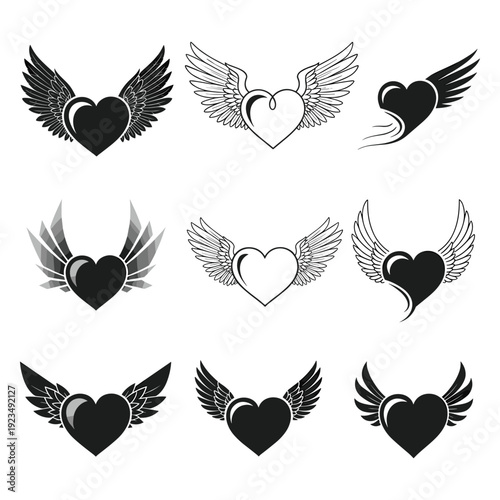 Collection of black and white heart with wings vector illustrations