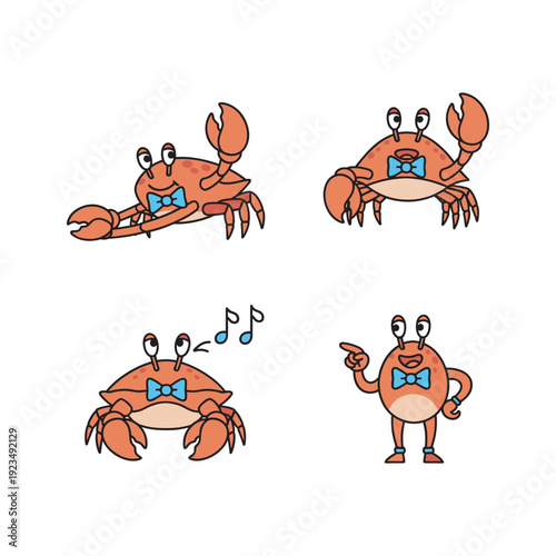 Cartoon crabs with bow ties dancing and singing in various poses