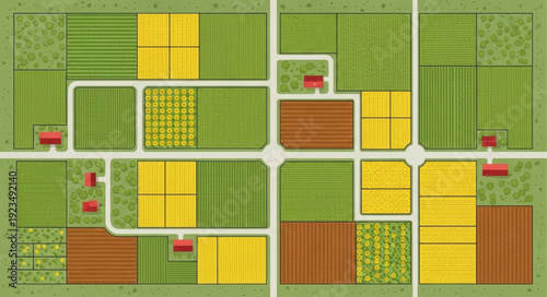 Aerial view of a meticulously planned agricultural landscape with roads and buildings.