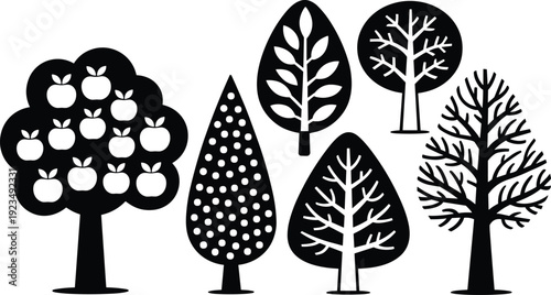 Stylized black and white tree illustrations with various leaf and fruit designs Keywords: tree, illustration, stylized, graphic