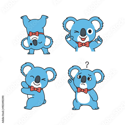 Cute cartoon koalas showing various emotions with red bow ties