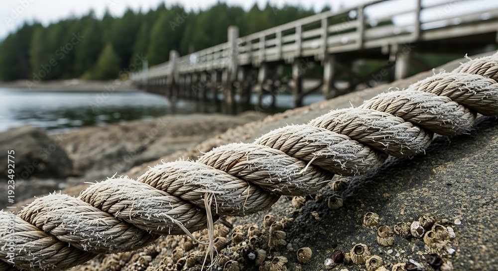 Fototapeta premium Weathered rope on rocky shore with wooden pier in background