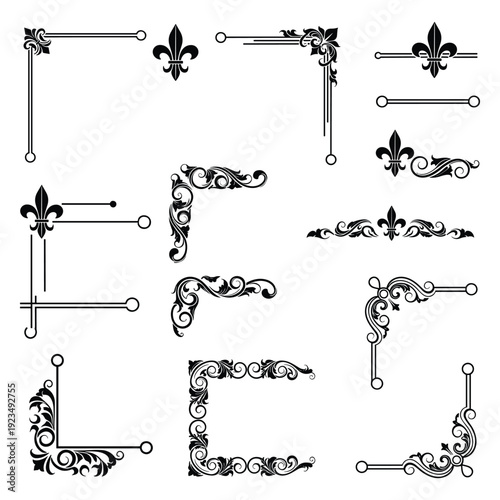Elegant fleur de lis ornaments and decorative swirls seamless border vector illustration black and white flat design