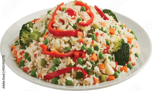 Vibrant and Healthy Vegetable Rice Medley Artfully Arranged on a White Plate, Showcasing a Colorful Blend of Fresh Broccoli, Carrots, Peas, and Red Peppers for a Delicious and Balanced Meal