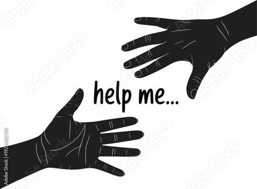 Two black hands reaching out to each other with the words help me written between them support