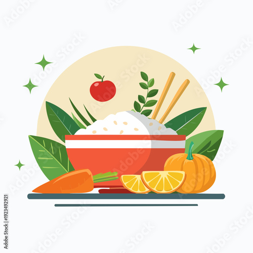 Vibrant illustration of a wholesome rice bowl with fresh organic vegetables, promoting healthy eating and a balanced lifestyle