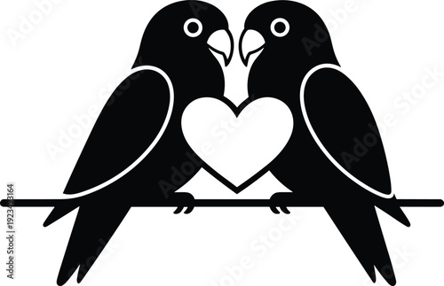 Two black lovebirds perched on a branch with a white heart between them silhouette couple