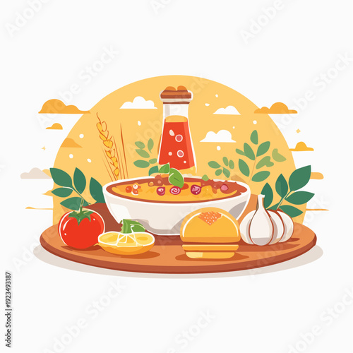 A delightful culinary arrangement showcasing a wholesome dish, fresh vegetables, and flavorful ingredients