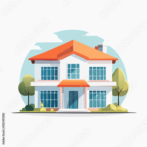 Modern Residential House with Red Roof and Large Windows