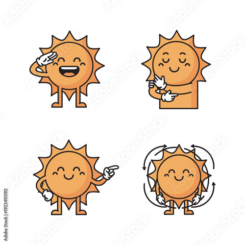 Cartoon sun character set with different gestures and expressions