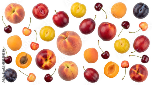 Assortment of fresh summer fruits including peaches, apricots, plums, and cherries on a white background