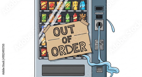 Broken vending machine with out of order sign and leaking liquid on a white background