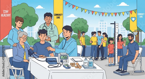 Medical professionals conducting health checks and blood pressure tests at an outdoor community health fair with diverse people