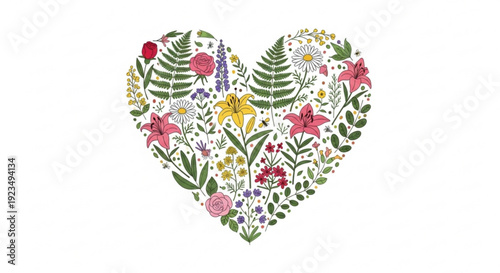 Heart shaped floral pattern with colorful flowers and green leaves on white background love symbol