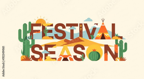 Vibrant festival season graphic with desert landscape and teepees cacti and mountains in warm colors
