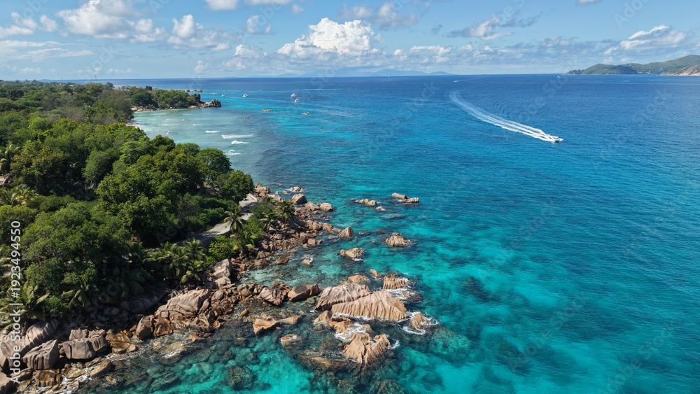 Fototapeta premium Aerial view of Anse Severe Beach on La Digue Island, Seychelles