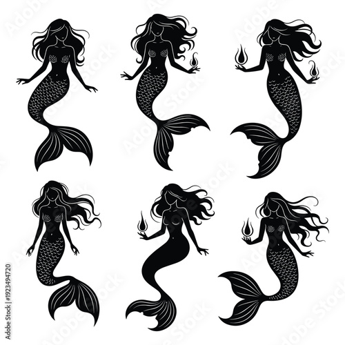 Set of elegant black mermaid silhouettes with flowing hair vector illustration