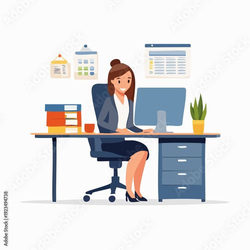 Smiling Professional Woman Working Efficiently at Her Desk with Computer in a Bright Office Setting