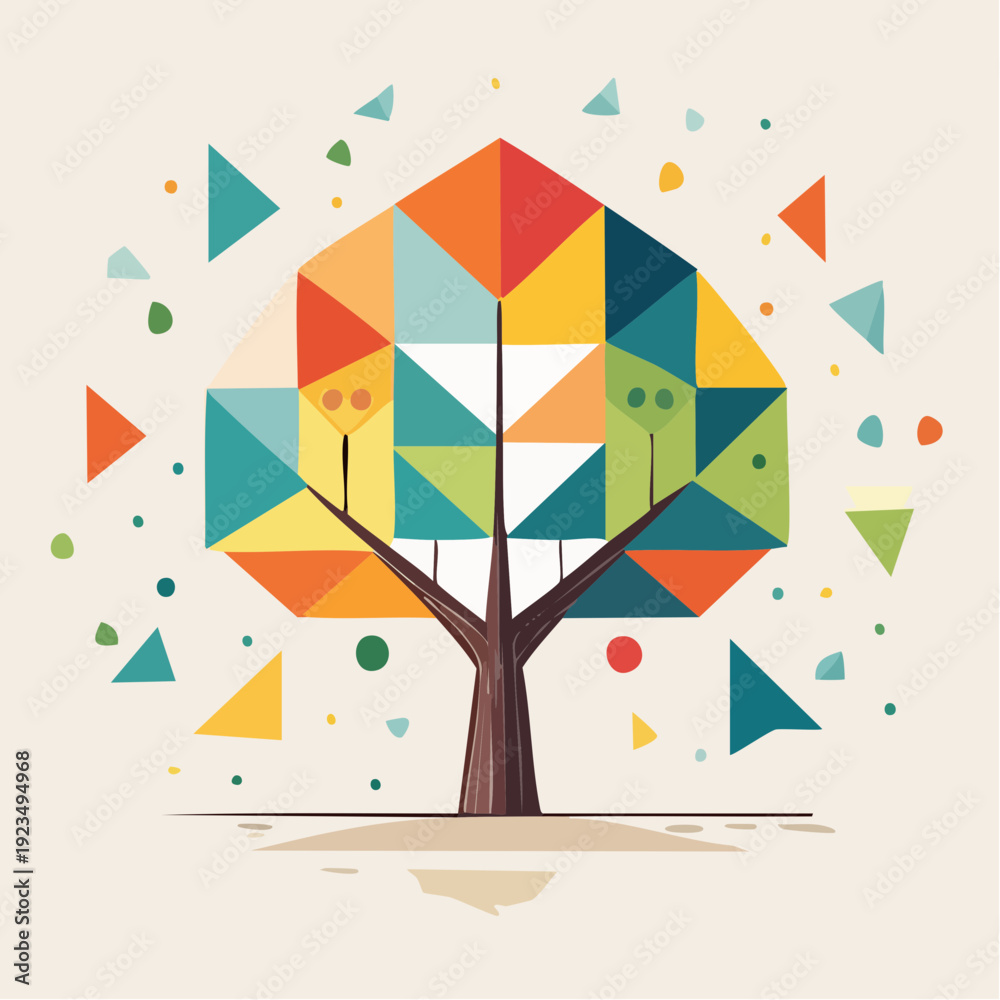 Obraz premium Geometric tree illustration with colorful abstract shapes, symbolizing growth and nature