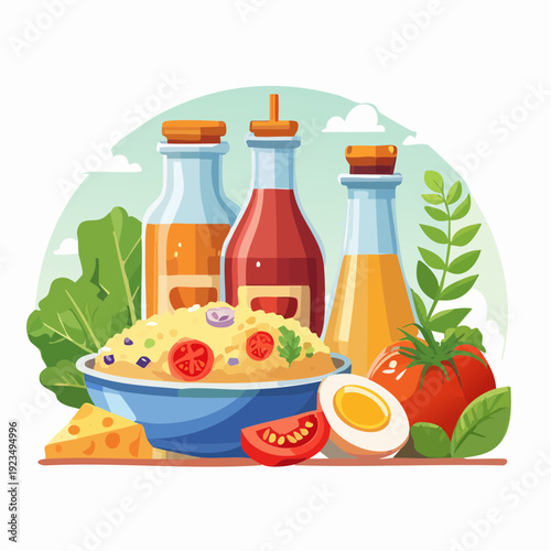 Vibrant and Healthy Meal Arrangement with Fresh Salad Ingredients, Gourmet Dressings, and Wholesome Grains