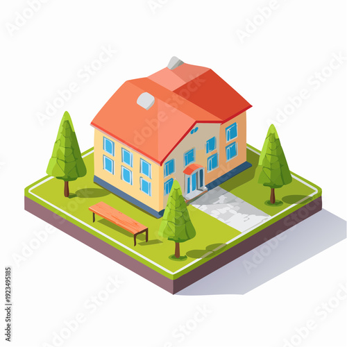 Modern Isometric House Illustration with Lush Green Garden and Outdoor Seating for Residential Living Concept