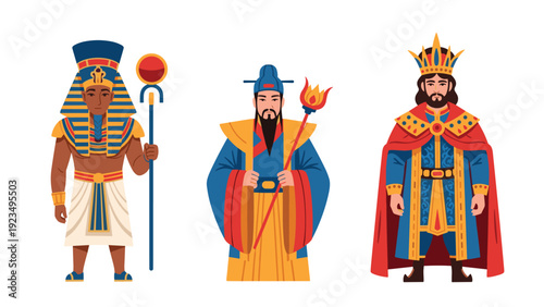 Set of historical rulers featuring an egyptian pharaoh, a chinese emperor, and a medieval european king in traditional ceremonial attire.