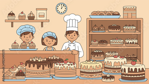 Charming bakery interior with a professional chef and young apprentices surrounded by shelves and tables full of delicious cakes and cupcakes.