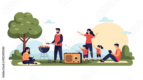 Happy family enjoying a barbecue picnic in a lush green park during sunset with children playing and parents cooking and reading.