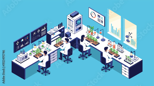 Scientists conducting botanical research and plant biotechnology experiments in a modern isometric laboratory with advanced technology.