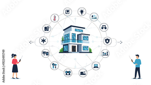 Smart home automation system concept with a modern house connected to various digital control icons for security, climate, and lighting.