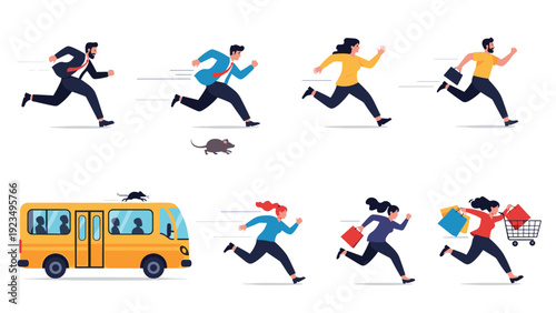 Diverse group of people in business and casual attire running towards a yellow bus illustrates the frantic pace of urban commuting life.