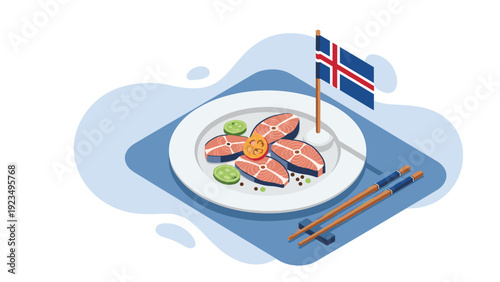 Appetizing plate of grilled salmon steaks served with lime and peppercorns accompanied by an Icelandic flag representing national cuisine.