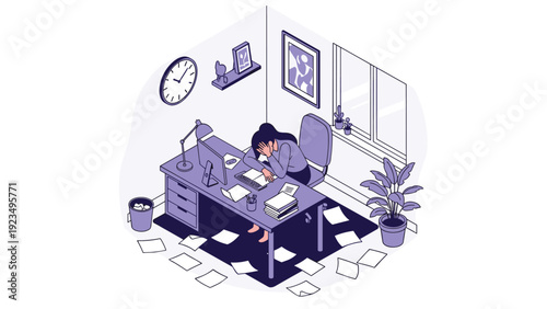 Overwhelmed woman sitting at a messy desk with stacks of papers and scattered documents depicts work-related stress and burnout.