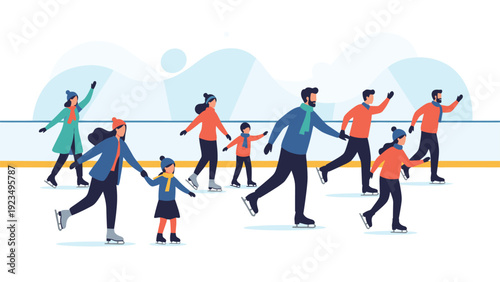 Group of people of all ages enjoying ice skating on an outdoor rink with snow-capped mountains in the background during winter season.