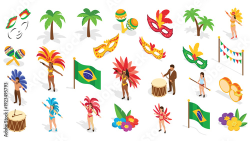 Vibrant set of Brazilian carnival elements including samba dancers, masks, drums, palm trees, and the national flag for festival celebrations.