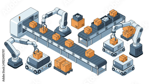 Modern automated industrial factory assembly line features robotic arms and conveyor belts moving cardboard boxes for shipping logistics.