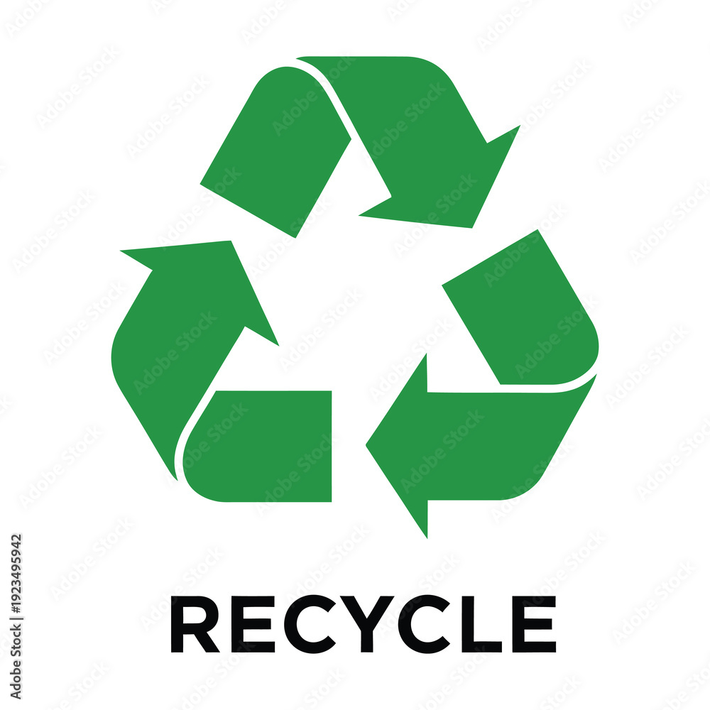 Obraz premium Green recycling symbol with recycle text on white background icon