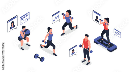 People performing various fitness exercises at home with virtual guidance from online trainers displayed on floating screens.
