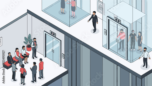 Isometric view of a modern corporate office lobby with people waiting for elevators and professional staff moving between floors.