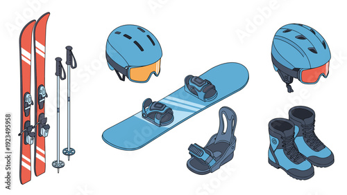 Essential equipment for winter sports featuring skis, poles, a snowboard, helmets, goggles, and snow boots for alpine adventures.