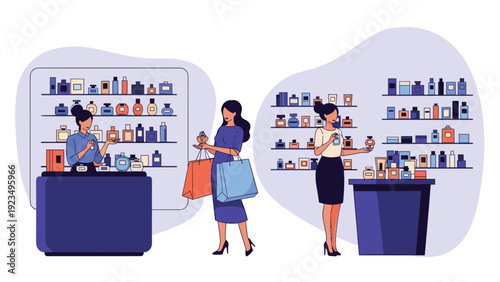 Female customers browsing and testing fragrances in a luxury perfume store with shelves full of various bottled scents and assistants.