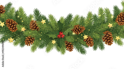 Festive christmas garland made of evergreen pine branches decorated with pine cones, red berries, and golden stars for holiday decor.