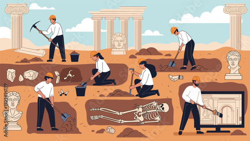 Archaeological team working at a historical excavation site uncovering ancient statues, skeletons, and ruins of a bygone civilization.