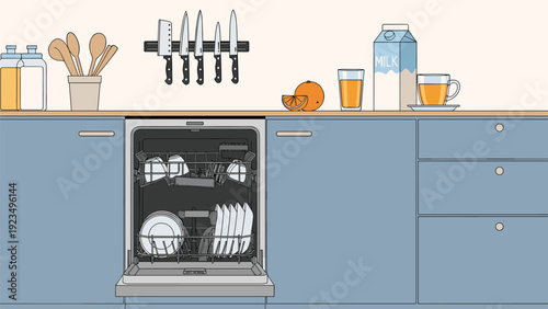 Modern blue kitchen featuring an open dishwasher loaded with ceramic plates and cups along with various utensils on the countertop.