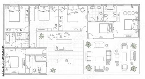 Detailed architectural blueprint of a modern residential house with multiple rooms and layouts.