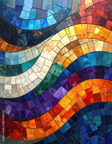 Wavy stained-glass mosaic in vibrant, colorful tiles