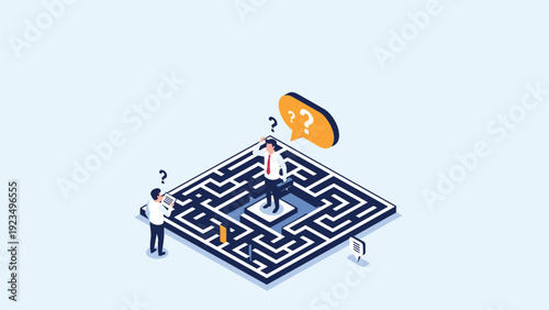 Businessmen looking confused and searching for a way out of a complex maze with yellow question mark speech bubbles above them.